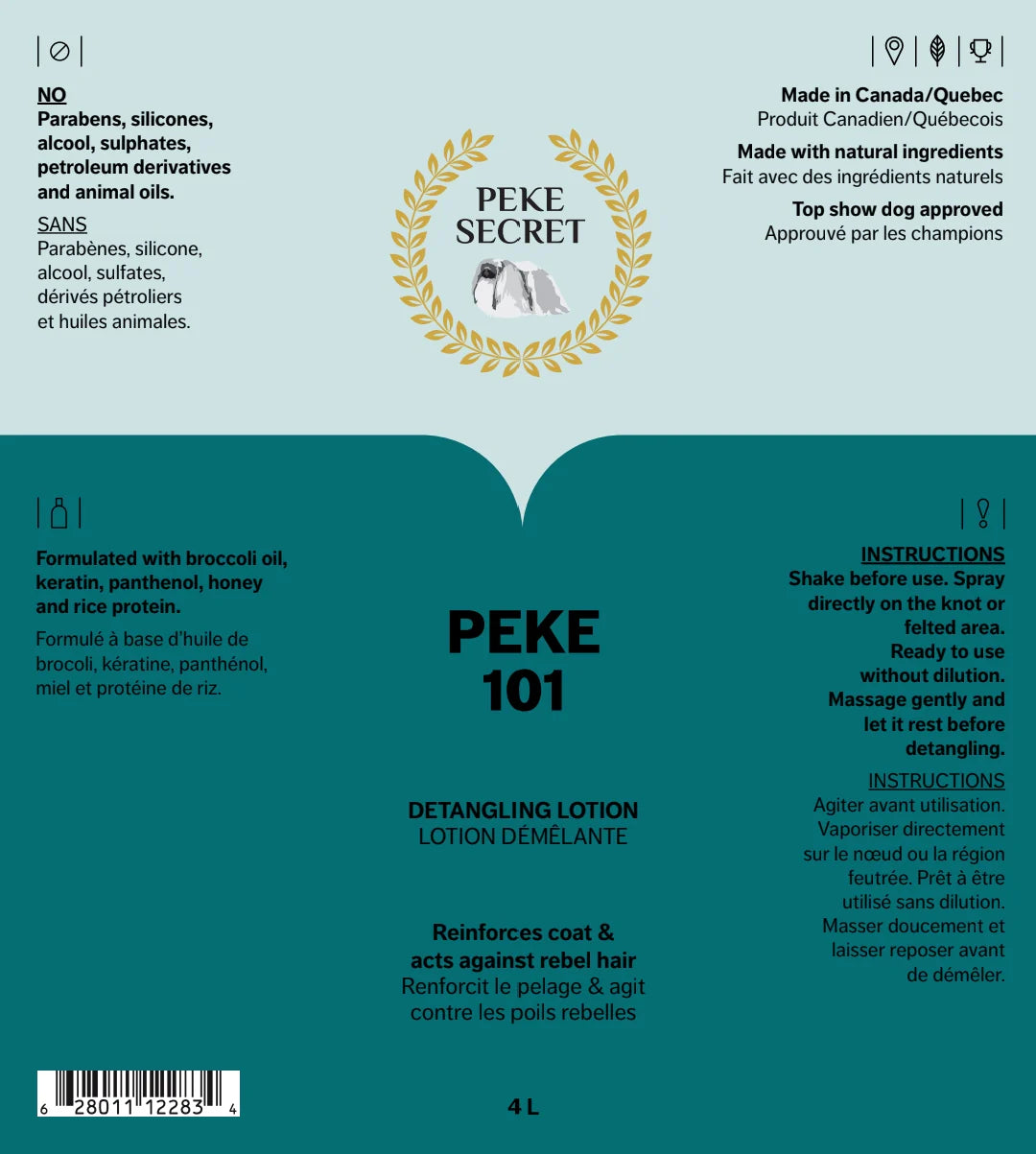 PEKE SECRET | Lotion démêlante pour chien et chat PEKE 101. Nature Animale, votre référence en alimentation animale et sport canin à Mascouche.