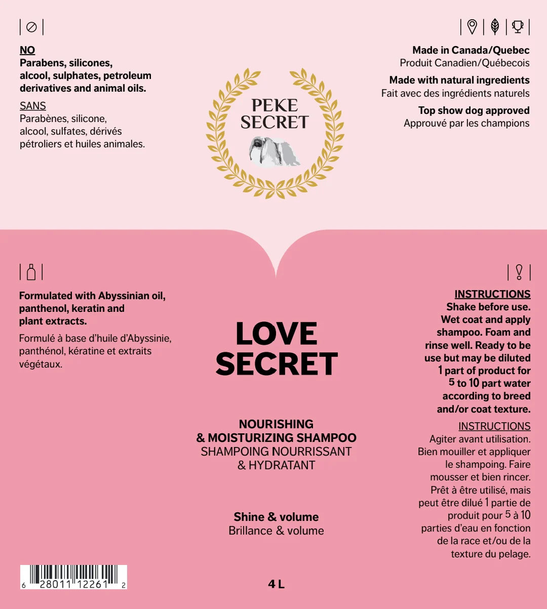 PEKE SECRET | Shampoing naturel pour chien et chat LOVE SECRET. Nature Animale, votre référence en alimentation animale et sport canin à Mascouche.