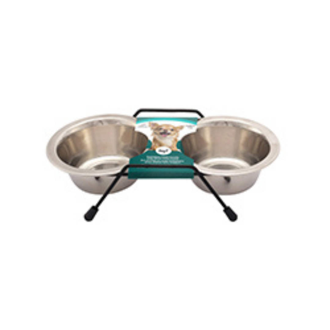 DOG IT | Bol double en acier inoxydable avec support