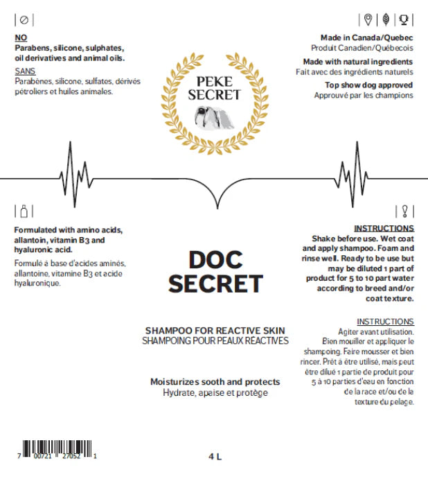 PEKE SECRET | Shampoing naturel pour chien et chat DOC SECRET. Nature Animale, votre référence en alimentation animale et sport canin à Mascouche.
