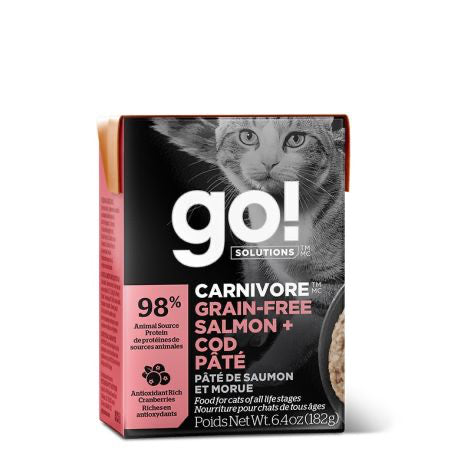 PETCUREAN GO! | Chat Tetra Pak sans grains saumon morue. Nature Animale, votre référence en alimentation animale à Mascouche.