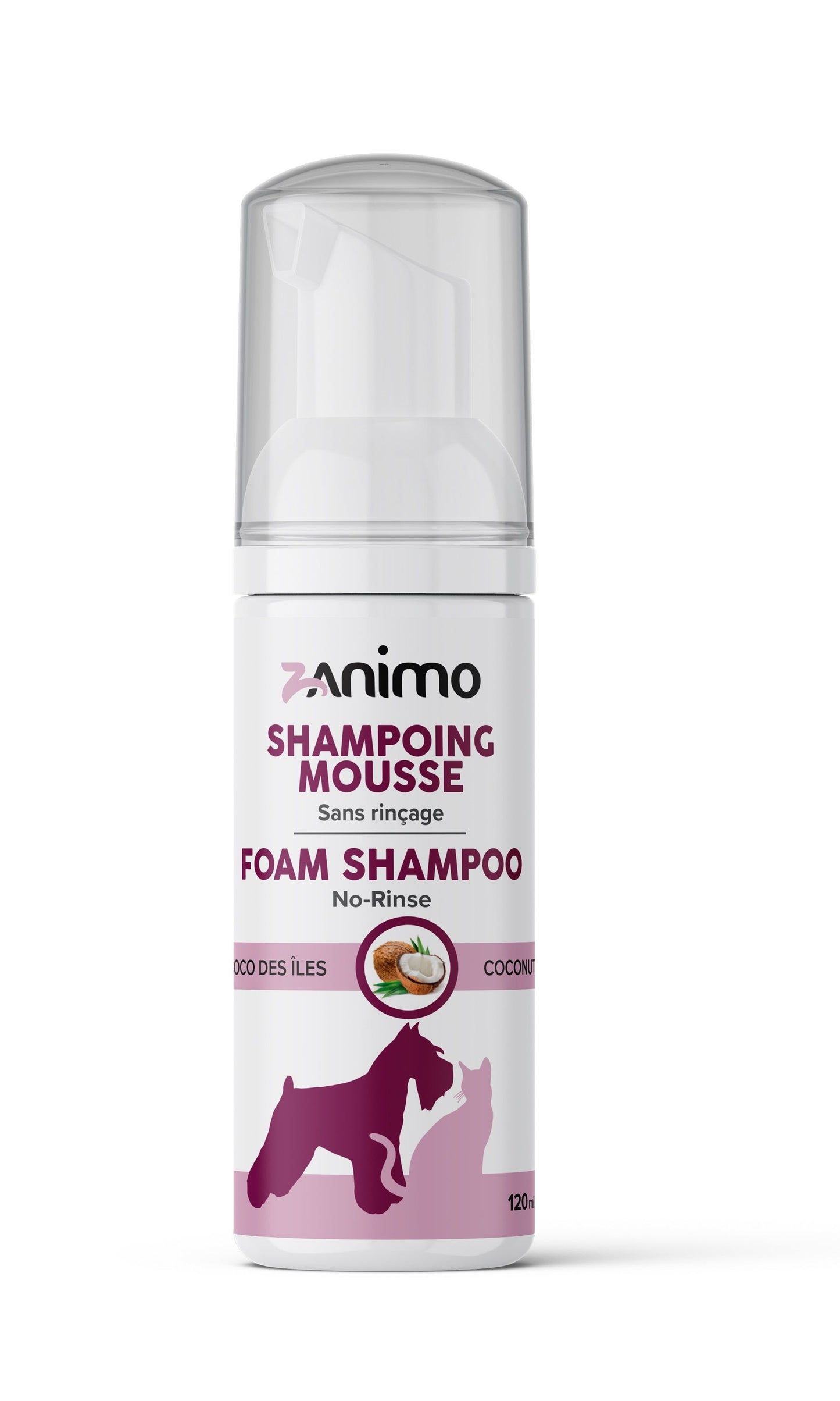 ZANIMO | Shampoing mousse sans rinçage pour chiens et chats, Coco des îles 120ml