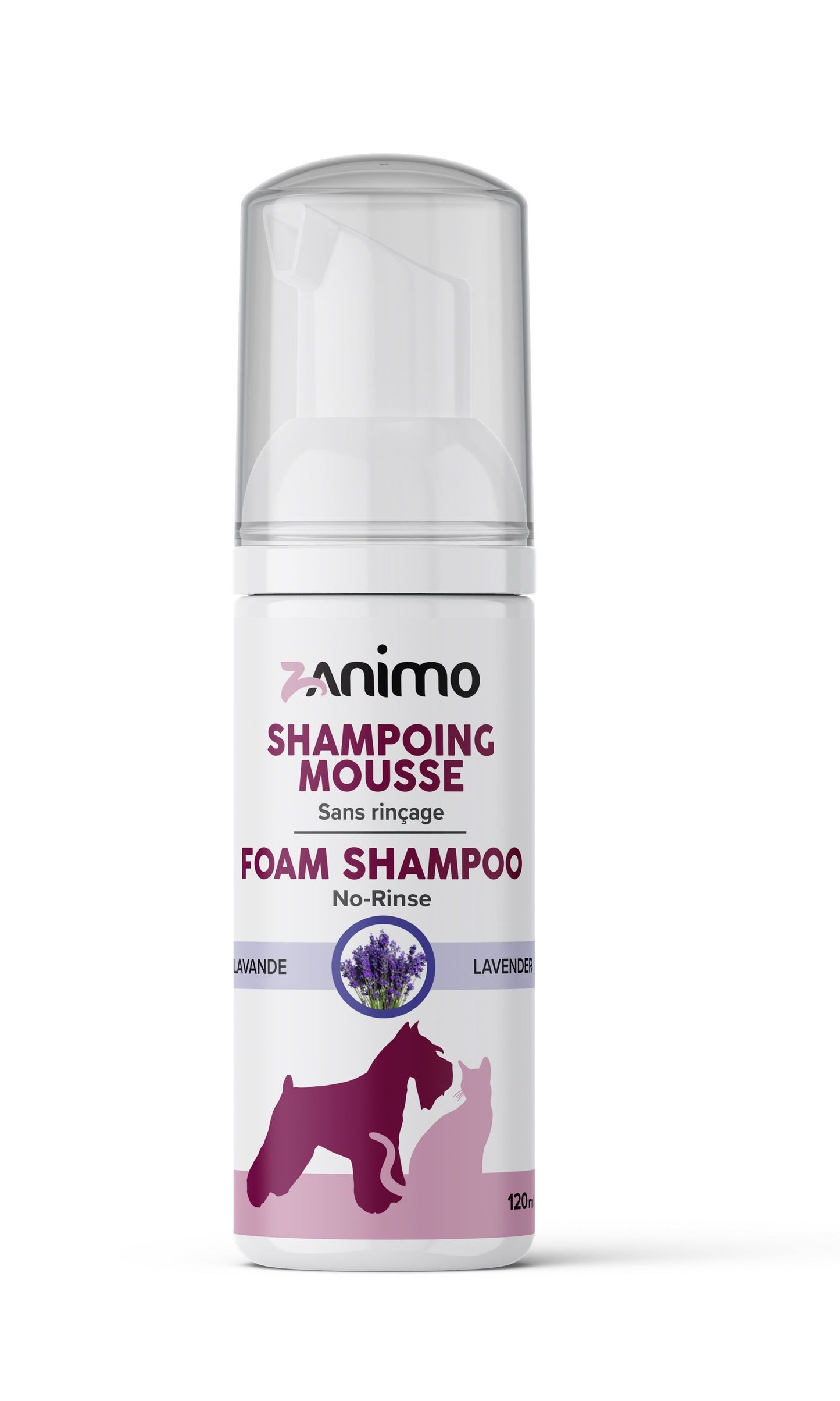 ZANIMO | Shampoing mousse sans rinçage pour chiens et chats, Lavande 120ml