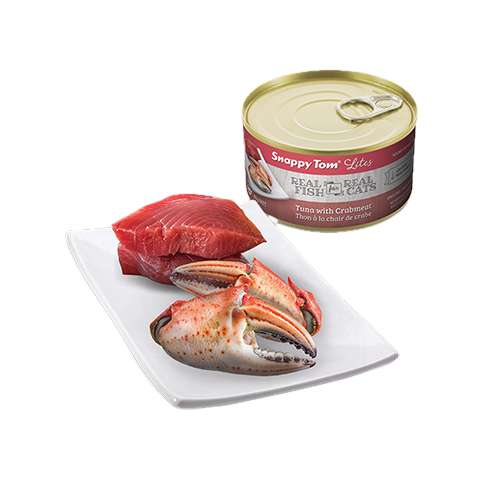 SNAPPY TOM | Conserve lites pour chats thon et chair de crabe 85g. Nature Animale, votre référence en alimentation animale à Mascouche.