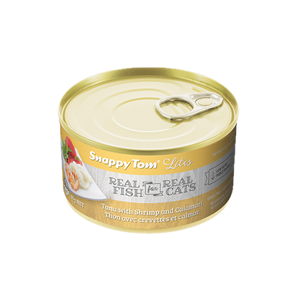SNAPPY TOM | Conserve lites pour chat thon, crevettes et calmar 85g. Nature Animale, votre référence en alimentation animale à Mascouche.