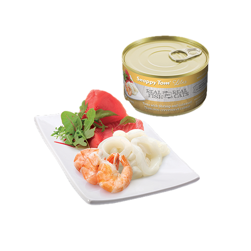 SNAPPY TOM | Conserve lites pour chat thon, crevettes et calmar 85g. Nature Animale, votre référence en alimentation animale à Mascouche.