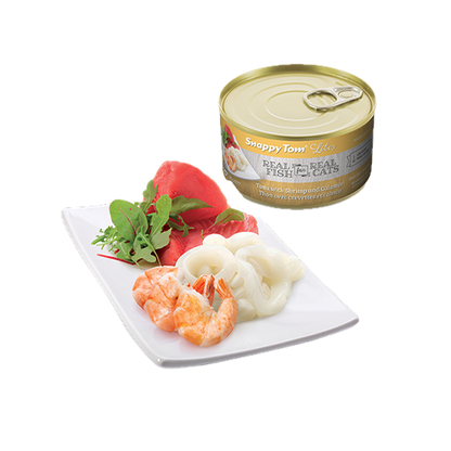 SNAPPY TOM | Conserve lites pour chat thon, crevettes et calmar 85g. Nature Animale, votre référence en alimentation animale à Mascouche.