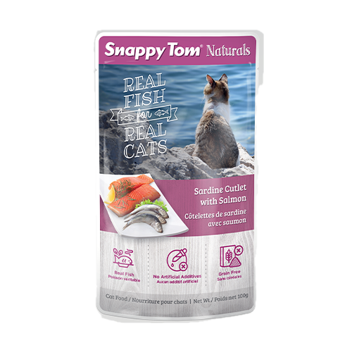 SNAPPY TOM | Pochette Naturals pour chats sardine et saumon 100g. Nature Animale, votre référence en alimentation animale à Mascouche.