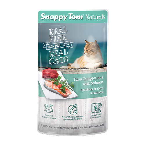 SNAPPY TOM | Pochette Naturals pour chats bouchée de thon et saumon 100g. Nature Animale, votre référence en alimentation animale à Mascouche.