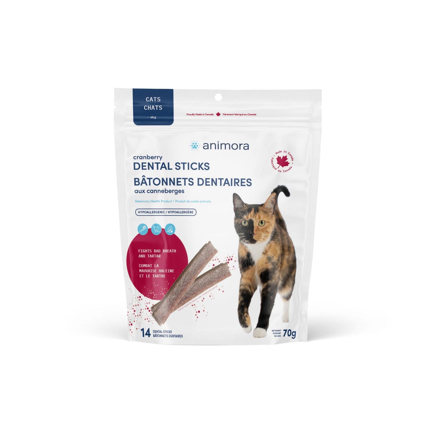 ANIMORA | Bâtonnets dentaire à la canneberge pour chats sac de 14. Nature Animale, votre référence en alimentation animale et sport canin à Mascouche.