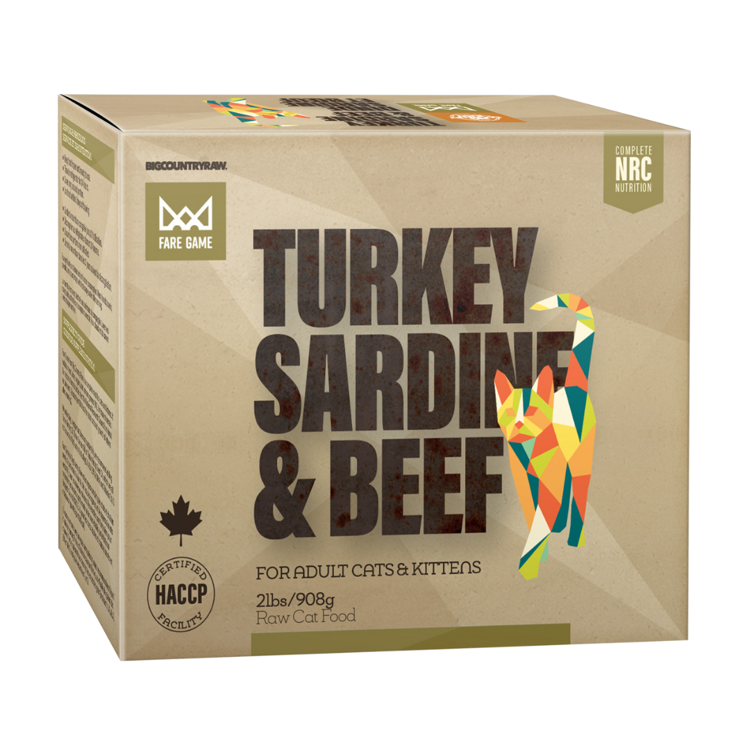 BIG COUNTRY RAW | Fare Game Dinde/Sardine/Boeuf 2lbs pour chats. Nature Animale, votre référence en alimentation et sports canin à Mascouche.