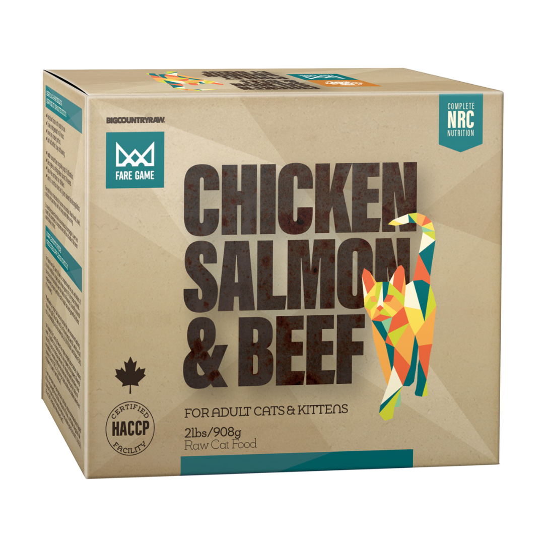 BIG COUNTRY RAW | Fare Game Poulet/Saumon/Boeuf 2lbs pour chats. Nature Animale, votre référence en alimentation et sports canin à Mascouche.