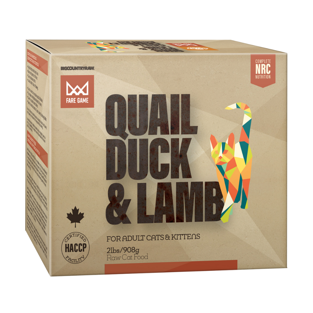 BIG COUNTRY RAW | Fare Game Caille, canard et agneau 2lbs pour chats. Nature Animale, votre référence en alimentation et sports canin à Mascouche.