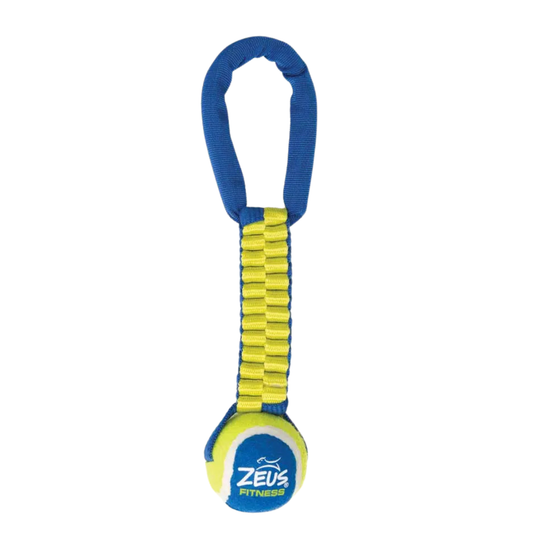 Balle de tennis durable avec scoubidou intégré pour des jeux de traction stimulants. Nature Animale, votre référence en alimentation et sports canin à Mascouche.