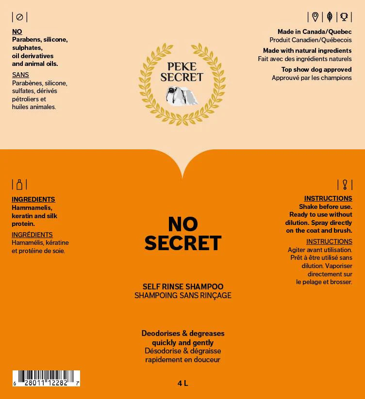 PEKE SECRET | Shampoing naturel sans rinçage pour chien et chat NO SECRET. Nature Animale, votre référence en alimentation animale et sport canin à Mascouche.