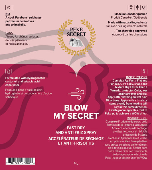 PEKE SECRET | Accélérateur de Séchage et anti-frissotis BLOW MY SECRET. Nature Animale, votre référence en alimentation animale et sport canin à Mascouche.