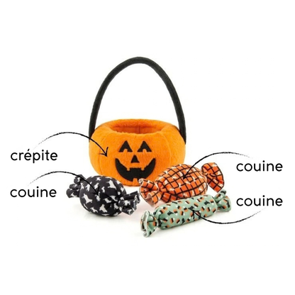 PET PLAY | Peluche d'Halloween Panier-citrouille avec 3 bonbons