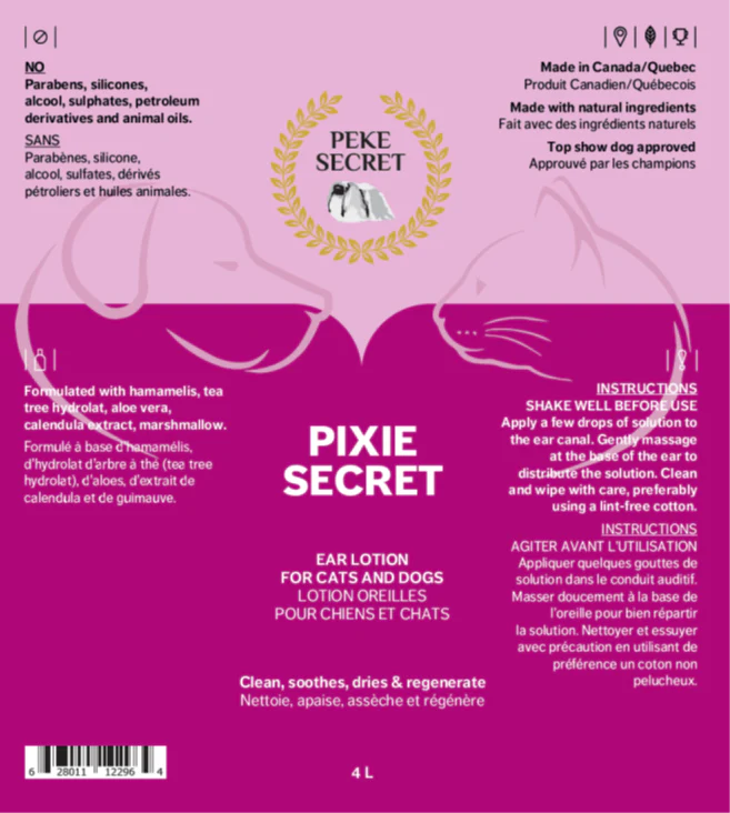 PEKE SECRET | Lotion pour oreilles PIXIE SECRET. Nature Animale, votre référence en alimentation animale et sport canin à Mascouche.