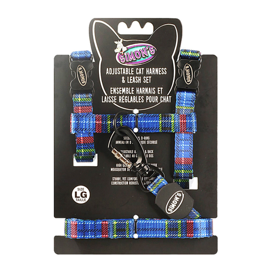 SIMON'S | Harnais + laisse plaid bleu grand