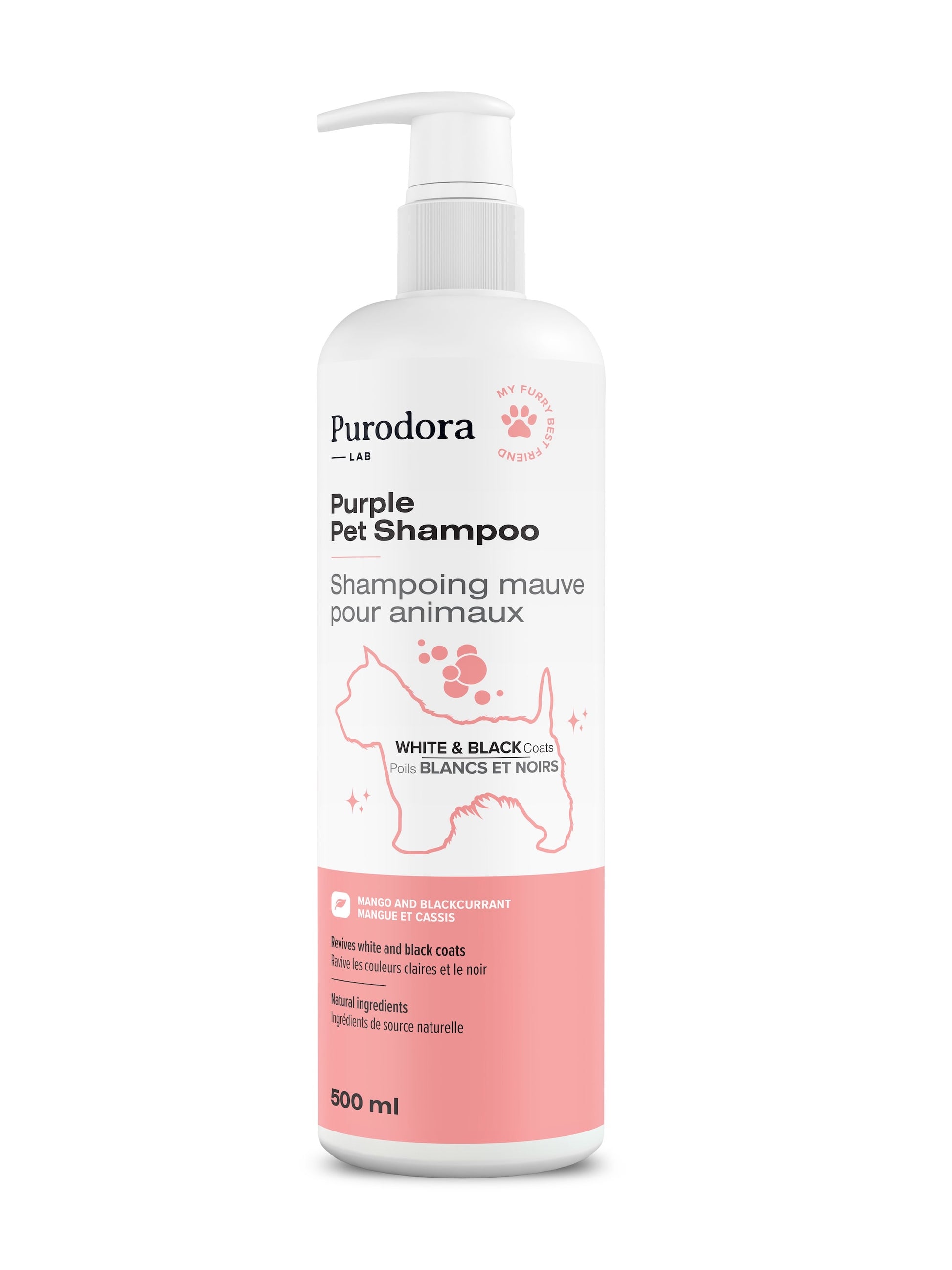PURODORA LAB | Shampoing mauve pour poils blanc ou noir. Nature Animale, votre référence en alimentation animale et sport canin à Mascouche.