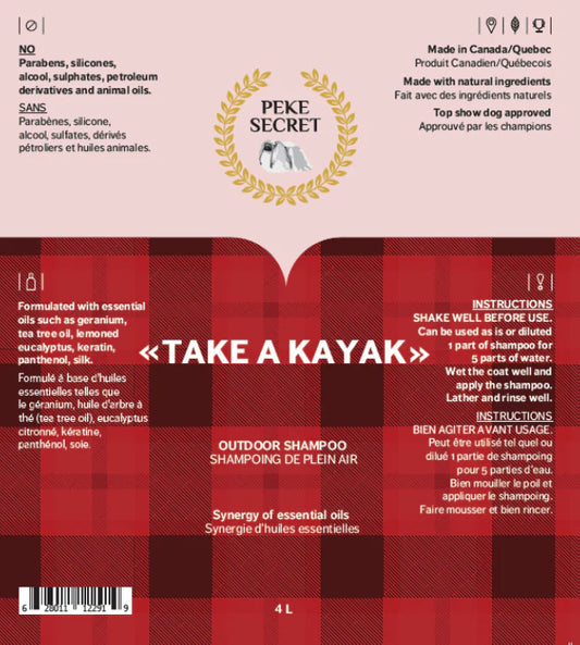 PEKE SECRET | Shampoing naturel répulsif "TAKE A KAYAK". Nature Animale, votre référence en alimentation animale et sport canin à Mascouche.
