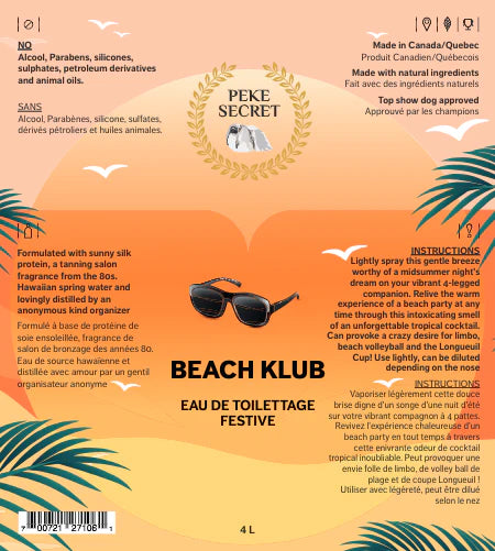PEKE SECRET | Eau de toilettage Beach Klub. Nature Animale, votre référence en alimentation animale et sport canin à Mascouche.