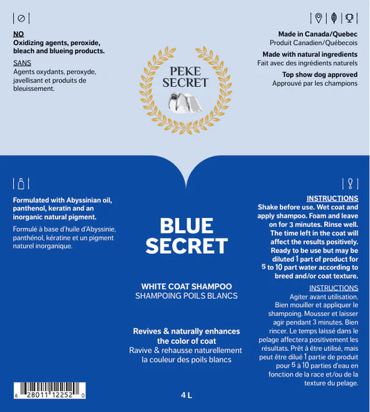 PEKE SECRET | Shampoing naturel pour chien et chat BLUE SECRET. Nature Animale, votre référence en alimentation animale et sport canin à Mascouche.