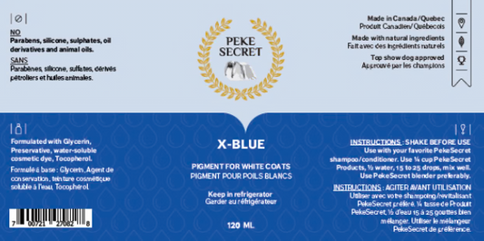 PEKE SECRET | Pigment pour poils blanc et argenté X-BLUE. Nature Animale, votre référence en alimentation animale et sport canin à Mascouche.